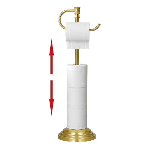 RUMOSE Toilet Paper Holder Stand for Floor, Brushed Gold Adjustable (12.4" to 22.8") Bathroom Toilet Tissue Holder, Free Standing Toilet Paper Roll Holder with Storage, Stainless Steel