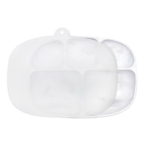 Bumkins Toddler and Baby Suction Plate, Silicone Divided Grip Dish and Lid, Large 5-Section Tray for Kids, Essentials in Children Feeding Supplies, Non Skid Stick Bottom, for Ages 6 Months Up, Marble - color: B1 Marble-Lg GD Lid