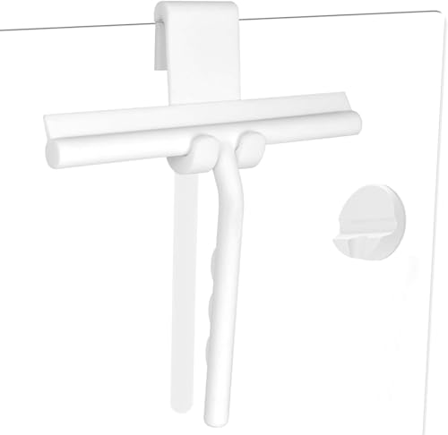 Shower Squeegee for Glass Doors, Full Silicone Jacketed Squeegee with Ergonomic Handle & No-Drill Hook, Cleaning Tool for Windows, Mirrors, Tiles, Bathroom & Car - White - color: White, size: without loop