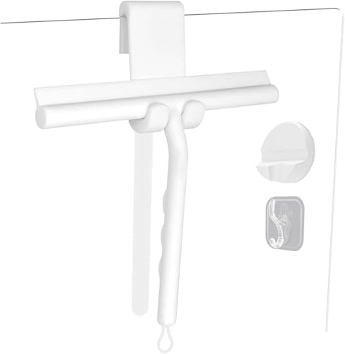 Squeegee for Shower Glass Doors, Resilient Loop - No-Drill & Adhesive Hook, Silicone Shower Squeegee with Stainless Steel Core, Cleaning Tool for Home, Kitchen, Bathroom & Car - White - color: White, size: with loop