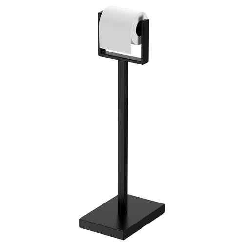 Black Toilet Paper Holder Stand，Stainless Steel Toilet Paper Holder Free Standing，Stable Weighted Base Floor Tissue Roll Holder for Bathroom，Modern Pivoting Toilet Paper Stand - color: Black