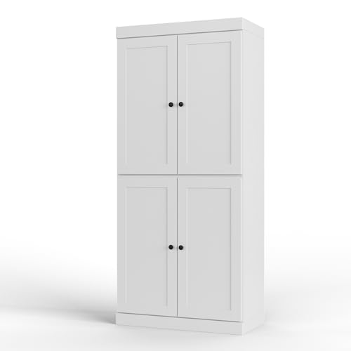 Palace Imports Solid Wood Tall Bathroom Pantry Cabinet with 4 Shaker Doors & Adjustable Shelves, White - 100% Eco-Friendly, Renewable, Space-Saving Storage, 71.5" H x 32" W, Made in Brazil - color: White