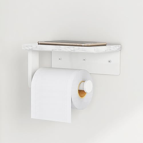 Gypie Toilet Paper Holder with Natural Marble Shelf, 304 Stainless Steel Screw Wall Mounted, Tissue Roll Paper Holder Dispenser for Bathroom Washroom White - color: White