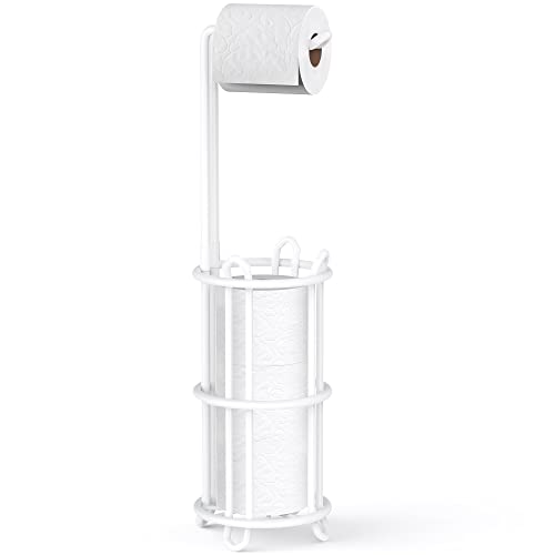 Meangood Toilet Paper Holder Stand and Tissue Paper Roll Dispenser for 4 Mega Rolls, Bathroom Free Standing Tissue Roll Storage Holder Rack, Metal Wire (White) - color: White