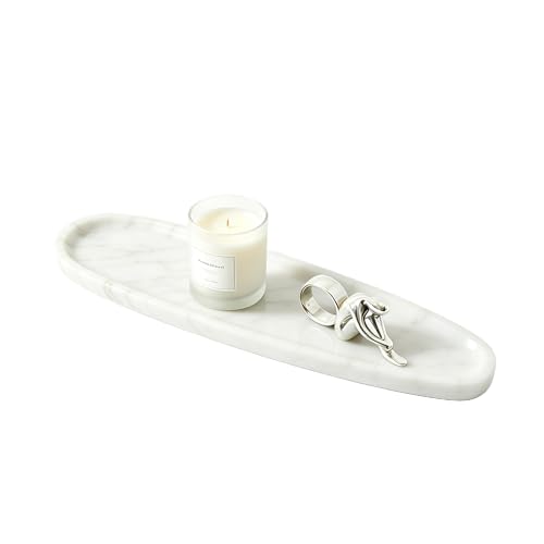 Natural Marble Vanity Tray, 16.6"x4.6" White Real Stone Decorative Tray for Bathroom Countertop & Home Decor, Catchall Organizer for Jewelry, Candles, Cosmetics & Perfume（White） - color: White
