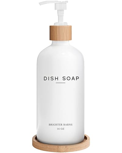 White Glass Dish Soap Dispenser for Kitchen Sink by Brighter Barns - Kitchen Soap Dispenser Set with Tray - Bamboo Pump Bottle - Neutral Minimalist Home Decor in RV, Office, Home, Airbnb, Gift (White) - color: White D