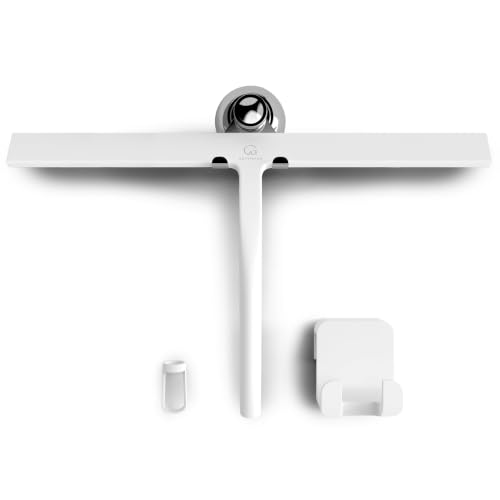 GÜTEWERK Silicone Shower Squeegee for Glass Doors & Mirrors with Stainless Steel Core, Streak-Free & No-Squeak Window Cleaning, 3-in-1 No-Drill Mount (Hook/Suction/Adhesive),White, 15 Inches - color: White, size: 15 Inches