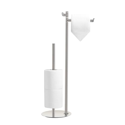 BVL Toilet Paper Holder Stand with Hook, Brushed Nickel Stainless Steel 304 Weighted Toilet Paper Holder Stand, Bathroom Freestanding Toilet Paper Holder Holds 5 Rolls - color: Brushed Nickel