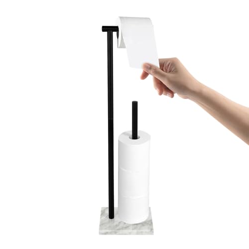 Toilet Paper Holder Stand with Weighted Natural Marble Base, Bathroom Free Standing Toilet Paper Roll Holder with Reserve, Standing Toilet Tissue Holder with Storage (Black, with Storage) - color: Black, size: With Storage
