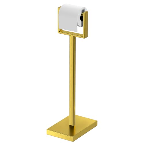 Brass Gold Toilet Paper Holder Stand，Stainless Steel Toilet Paper Holder Free Standing，Stable Weighted Base Floor Tissue Roll Holder for Bathroom，Modern Pivoting Toilet Paper Stand - color: Brass Gold