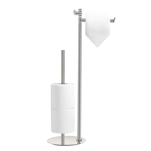 BGL Toilet Paper Holder Stand, SUS304 Stainless Steel Brushed Nickel, Weighted Base, Holds 5 Jumbo Rolls, Space-Saving Modern Bathroom Storage with Built-in Hook - color: Stainless Steel