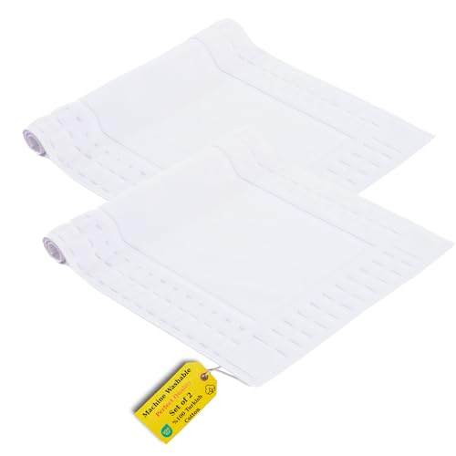 Turkish Cotton Bath Mat Set of 2-100% Turkish Cotton 21x34 inch Bathroom Floor Towel Mat (Not Rug) - Absorbent 900 GSM Hotel Spa Quality Floor Towels - Machine Washable Quick Dry - color: White (Hera Design)