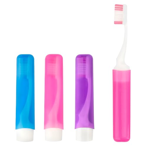 Travel Toothbrush 3Pcs Travel Toothbrush Set Mini Toothbrushes Soft Portable Toothbrushes Travels with Tooth Brush Cover Small Folding Toothbrush Individually Wrapped for Camping Purple Pink Blue - color: Purple+pink+blue, size: 1 Count (Pack of 3)