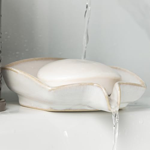 Soap Dishes, Ceramic Shower Soap Dish with Waterfall Design Bar Soap Holder Self Draining Soap Saver for Shower, Bathroom, Sink, Kitchen and Countertop, Beige White - color: Beige White, size: Rectangular
