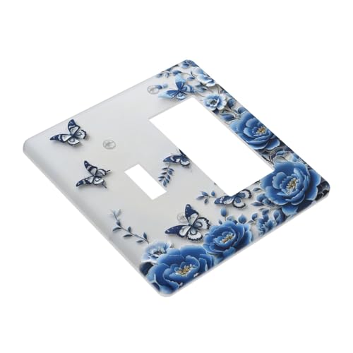 Light Switch Cover Plate Blue Peony Flowers Butterfly Vintage Floral 2 Gang Combo Wall Plates Toggle Rocker Decorative Switch Plates and Outlet Covers for Bathroom Bedroom Decor - color: Blue Peony Flowers Butterfly Vintage Floral, size: 1 Toggle 1 Rocker