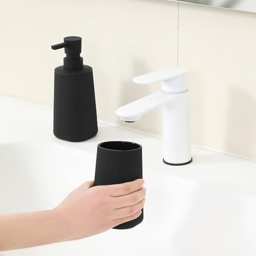 YAUKPH Bathroom Accessories Set 2 Piece Soap Dispenser and Toothbrush Holder for Bathroom Countertop Striped Black - color: Striped Black