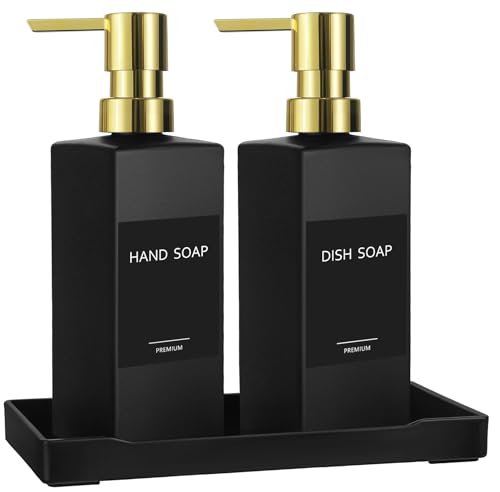 GMISUN Kitchen Soap Dispenser Set with Tray, Dish Soap Dispensers for Kitchen, 12fl oz/350ml Hand and Dish Soap Dispenser Set, Black Soap Dispensers with Gold Pump, Glass Liquid Soap and Lotion Bottle - color: Black Bottle+gold Pump+black Tray