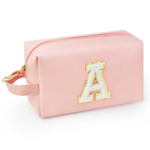 Personalized Initial Makeup Bag with Handle, Preppy Cosmetic Bag with Inner Zipper Pocket, 8 9 10 11 12 13 14 Years Old Girl, Graduation Gifts for Teen Girls Women Teachers (A, Pink) - color: Pink, style: A