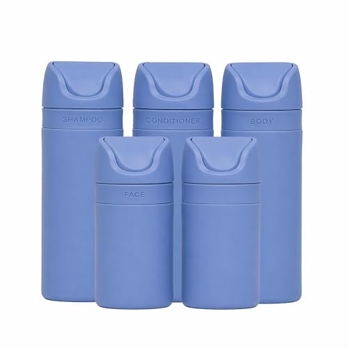 RIES Essential Refillable Toiletry Travel Bottles Airless Pump Set | TSA Approved, Leak Proof Airless Pump, BPA Free Recycled Plastic, 5 Piece Blue Color Set, Dishwasher Safe - color: Runaway Blue