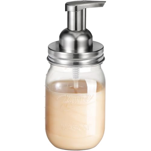 Amolliar Plastic Mason Jar Foaming Soap Dispenser with Pump Lid,16OZ Refillable Hand Soap Dispenser with Cute Lables - Farmhouse Decor for Kitchen/Bathroom, Lotion Dish Soap (1 Pack, Silver) - color: Clear Jar With Silver Pump, size: 1 Pack