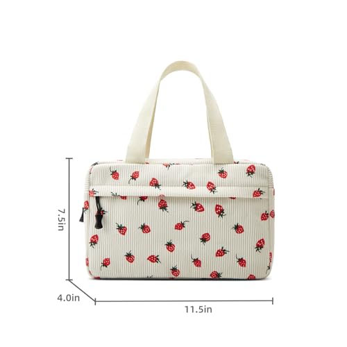 Large Makeup Bag for Women Corduroy Cosmetic bag Make up Bags Zipper Pouch with handle Cosmetic Organizer Toiletry Bag for Travel Storage - color: 30-Strawberry White