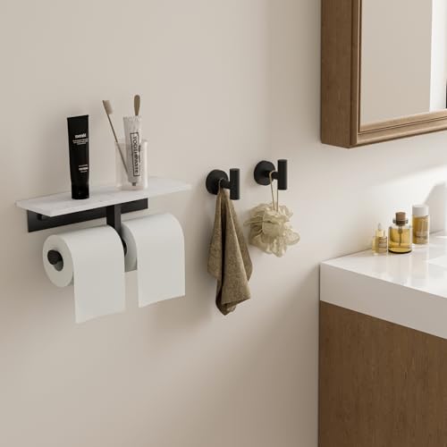BWE Double Toilet Paper Holder with Shelf, Wall Mounted Tissue Roll Holder for Bathroom, Commercial Toilet Paper Dispenser, Marble Toilet Paper Storage Holder with Phone Shelf (Matte Black) - color: Double Black