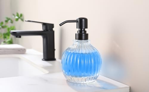 Round Soap Dispenser Bathroom with Black Pump, Glass Pump Bottle with Stainless Steel Pump Liquid Sphere Soap Dispenser Circular Countertop Kitchen - color: Black, size: 11oz-Round