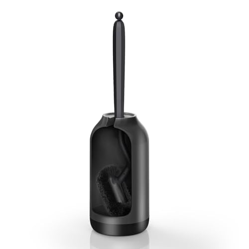 HAMITOR Toilet Bowl Brush Holder Set: Bathroom Deep Cleaning Toilet Cleaner Scrubber Under Rim with Curved Bristle for Dead Corner Clean - Hidden Rv Toilet Decorative Accessories with Caddy- Black - color: Black, size: 1 pack
