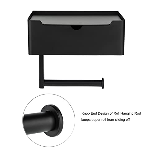 Matte Black Toilet Paper Holder Tissue Roll Hanger with Shelf Flushable Wipes Dispenser Storage Box Large Stainless Steel Bathroom Lavatory Hardware Wall Mount Adhesive
