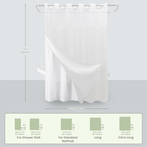 Inhousolu No Hook Shower Curtain with Snap-in Fabric Liner, Waffle Weave 230 GSM Polyester, Weighted Hem, Water Repellent Washable, Mesh Top Window 72" W x 72" L White - color: White, size: 72"W x 72"L (Pack of 1)