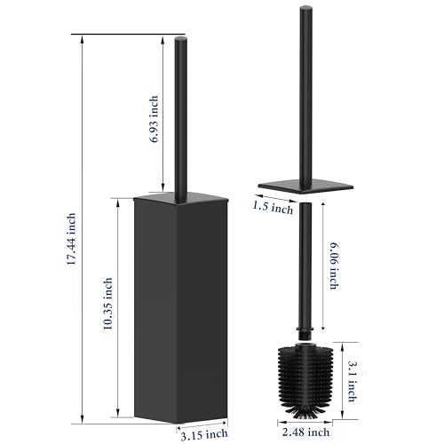 RUACQ Toilet Brush and Holder Set,Square Toilet Bowl Brush for Bathroom with 304 Stainless Steel Handle Toilet Cleaner Brush with Durable Scrubbing Bristles,Splash-Proof (Matte Black)