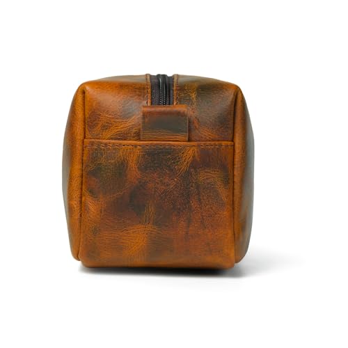 Full Grain Leather Toiletry Bag for Men – Handmade Travel Kit, Small Leather Shaving & Toiletry Organizer, Durable Waxed Canvas Lining (Tan)