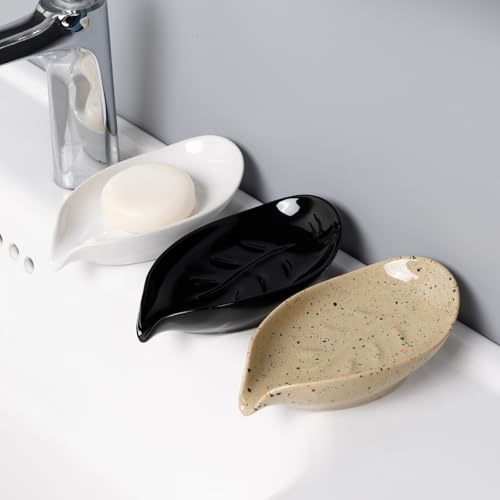 Soap Dish 2PCS, Self-Draining Bar Soap Holder, Leaf Shape Ceramic Drain Soap Dishes for Bathroom Kitchen, Easy to Clean Keeps Soap Dry, White, ANTIS'S HOME - color: White-2pcs-enhanced Draining