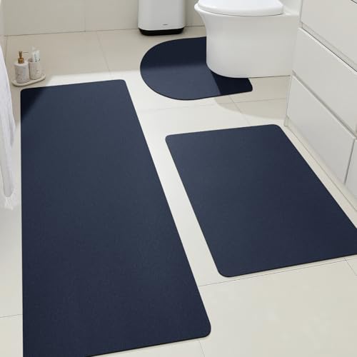 ACCUMTEK Non Slip Bath Mat, Thin Bathroom Rugs Fit Under Door, Quick Dry Bath Mats, Machine Washable Bath Rugs for Bathroom, Bathtub & Kitchen, Bathtub, Dark Blue/Solid/3 Piece - color: Dark Blue, size: 24"x17"+48"x20"+U Shape 24"x20"