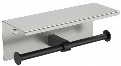 FORIOUS Double Toilet Paper Holder with Shelf, Wall Mount Tissue Roll Holder for Bathroom, 304 Stainless Steel Commercial Toilet Tissue Dispensers with Phone Shelf (1, Stainless Steel & Matte Black) - color: Stainless Steel & Matte Black