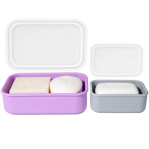 2PC Portable Leakproof Travel Soap Case, Silicone Travel Soap Case, Compact Soap Holder with Drainage Layer, Travel Soap Holder for Camping, Gym, Outdoor Purple&Gray - color: Purple&gray