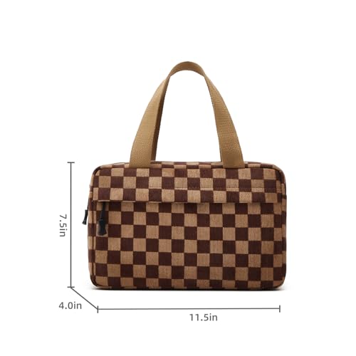 Large Makeup Bag for Women Corduroy Cosmetic bag Make up Bags Zipper Pouch with handle Cosmetic Organizer Toiletry Bag for Travel Storage - color: 19-Checkered Darkbrown