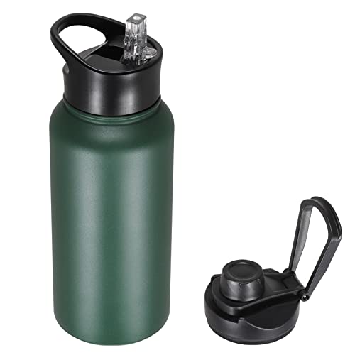 32 oz Insulated Water Bottle with Straw Lid & Wide Mouth Lids, Stainless Steel Sports Water Bottles, Double Walled Vacuum, Leak Proof, Dark Green - color: Dark Green, size: 32 Ounces