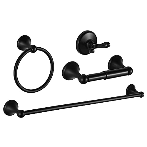 SUNTAI 4 Piece Bathroom Accessory Set(Adjustable Towel Bar, Towel Ring, Toilet Paper Holder,Towel Hook), Wall Mounted Bathroom Hardware Accessories Set,Matte Black