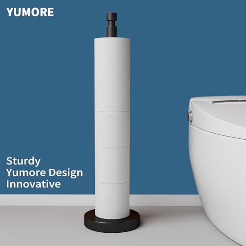 YUMORE Toilet Paper Holder Heavy Weighted Stand, Free Standing Bathroom Extra Toilet Paper Organizer with Reserve Storage for Spare Rolls, Matte Black Stainless Steel Floor Bath Tissue Roll Holder