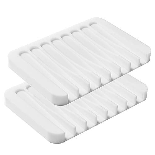 2PCS KAJUDA Self Draining Soap Dishes, Premium Silicone Soap Holder & Saver for Shower, Bathroom, Bath Tub, Razor, Sponges, Bar Soap Dish to Keep Soap Dry, Can Extend Soap Life, Easy Clean (White) - color: White
