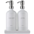 MaisoNovo Soap and Lotion Dispenser Set - Bathroom Soap Dispenser Set with White Soap Dispenser, Silver Pumps & Ceramic Tray - color: White Bottles/ Silver Pumps/ White Ceramic Tray