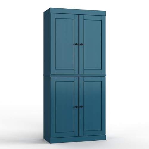Palace Imports Solid Wood Tall Bathroom Pantry Cabinet with 4 Wooden Doors & Adjustable Shelves, Teal Blue - 100% Eco-Friendly, Renewable, Space-Saving Storage, 71.5" H x 32" W, Made in Brazil - color: Teal Blue