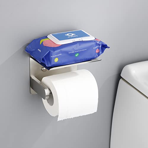 Self Adhesive Toilet Paper Holder with Phone Shelf Stainless Steel Wall Mounted Toilet Paper Roll Holder - Rustproof and Bathroom Washroom Tissue Roll Holder with Storage Shelf-Gold - color: Gold