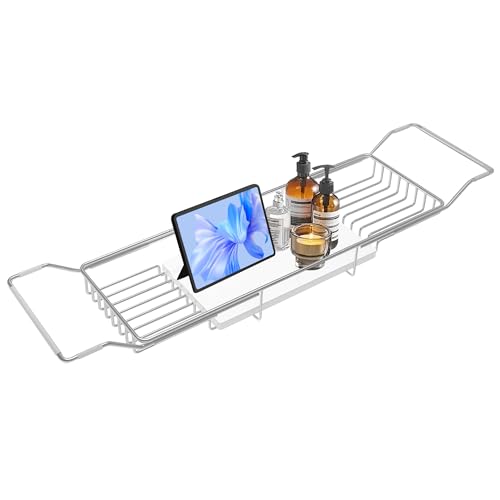 BVL Bathtub Tray Stainless Steel with Marble Base Chrome Bathtub Tray with White Marble Base Adjustable & Rustproof Bath Caddy for Spa, Relaxation, Bath Bombs - color: Chrome