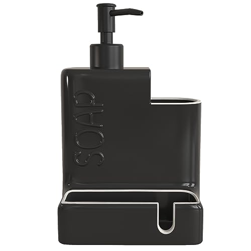 Soap Dispenser with Sponge Holder and Brush Holder, Ceramic Dish Soap Dispenser Pump, 3 in 1 Liquid Hand Soap Organizer with Funnel for Kitchen Sink Countertop, Matte Black - style: Embossed “SOAP”Design-Matte Black