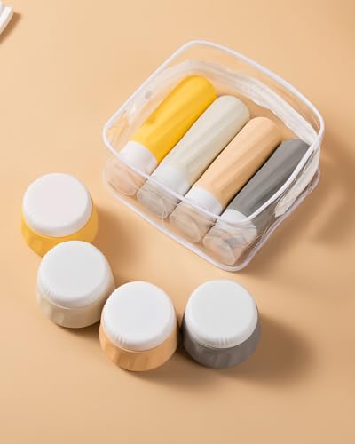Mrsdry Travel Size Toiletries 8 Pack, TSA Approved 3oz Silicone Squeeze Bottles & Cream Jars with Clear Travel Bag - color: Golden wheat field, size: 3oz bottle 3oz jar