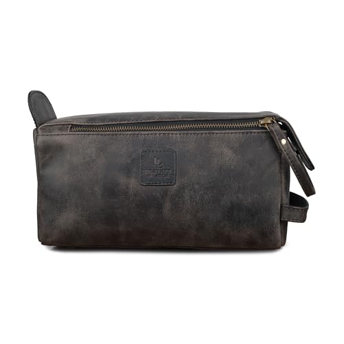 Full Grain Leather Toiletry Bag for Men & Women – Water-Resistant Travel Shaving Kit Organizer with YKK Zipper, Spacious Bathroom Grooming & Cosmetic Storage Case - Chalkboard Grey - color: Charcoal Grey