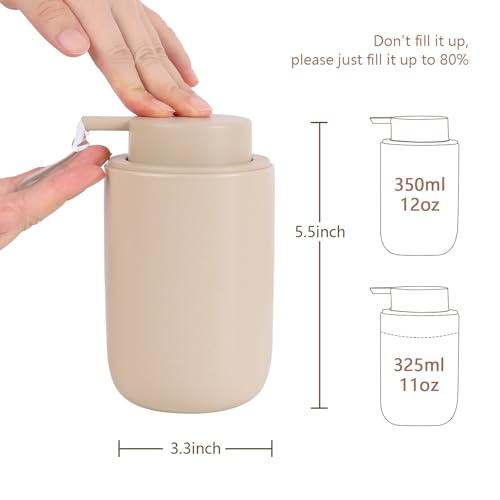 BosilunLife Khaki Soap Dispenser Set - 2 Pack 12oz Ceramic Dish Soap Dispenser with Rust Proof Pump for Kitchen, Hand Soap and Lotion Set Suitable for Farmhouse Bathroom Decor with Waterproof Labels - color: Khaki-liquid Pump