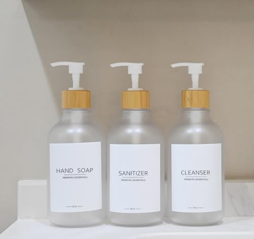 Frosted Plastic Shampoo and Conditioner Bottles, Apothecary Dispenser Bamboo Pump, Refillable Bottles for Shower Lotion, Oil, Hand Soap, Sanitizer, Liquid Soap, Set of 3 with 9 Labels (3, Matte Clear) - color: Matte Clear